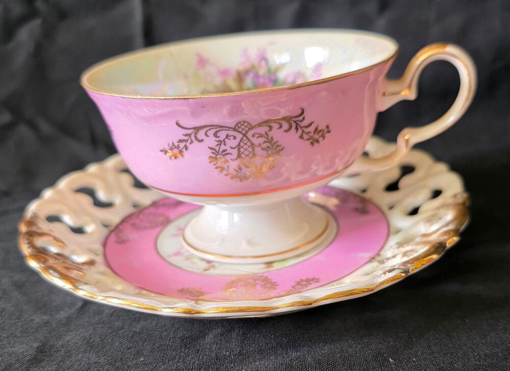 Royal Halsey L&M Pink Gold White Luster CUP & Saucer VERY FINE